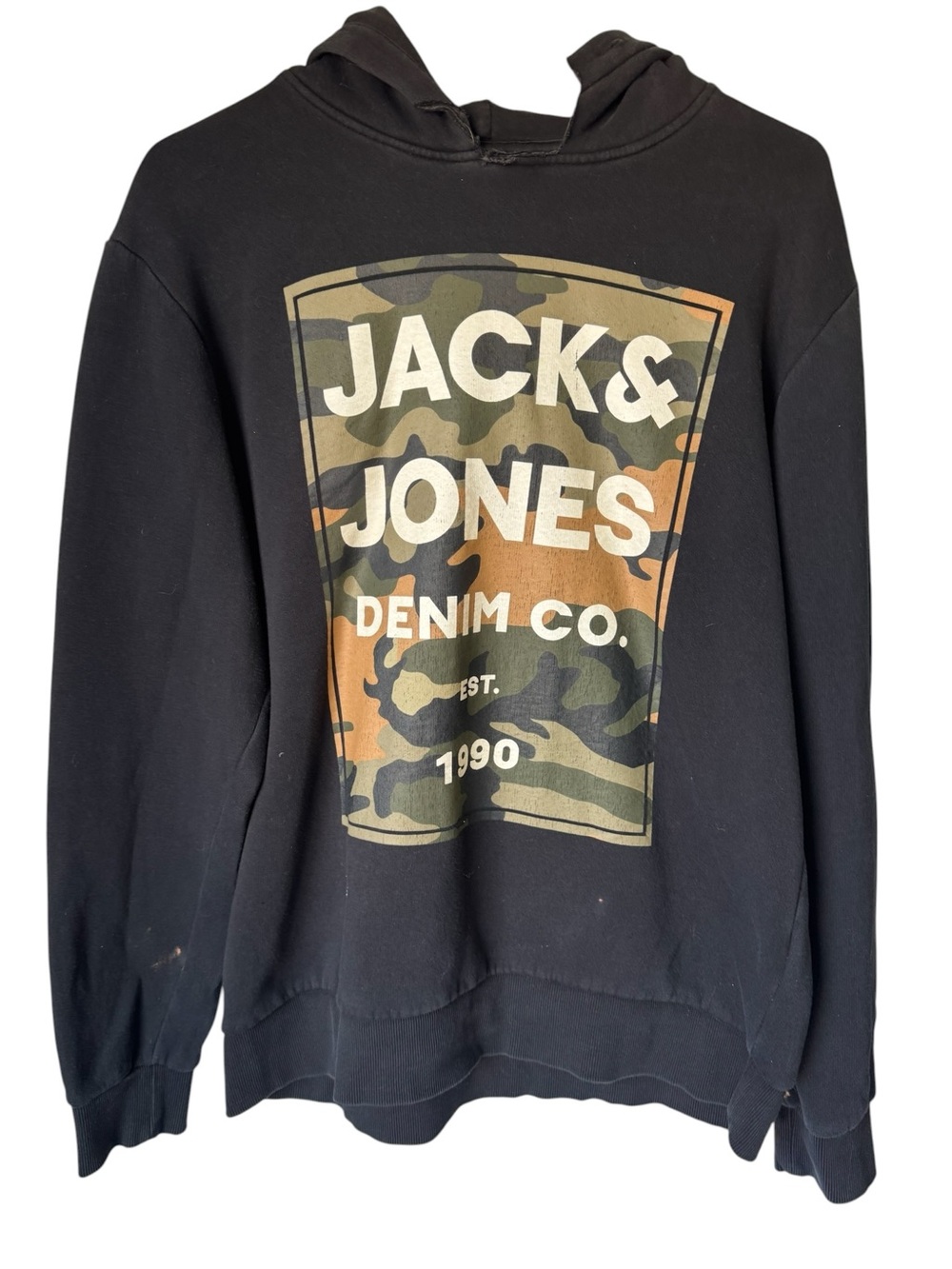 Retro Jack & Jones Black AGED WORN Pullover Hoodie with Camo Logo Men’s M